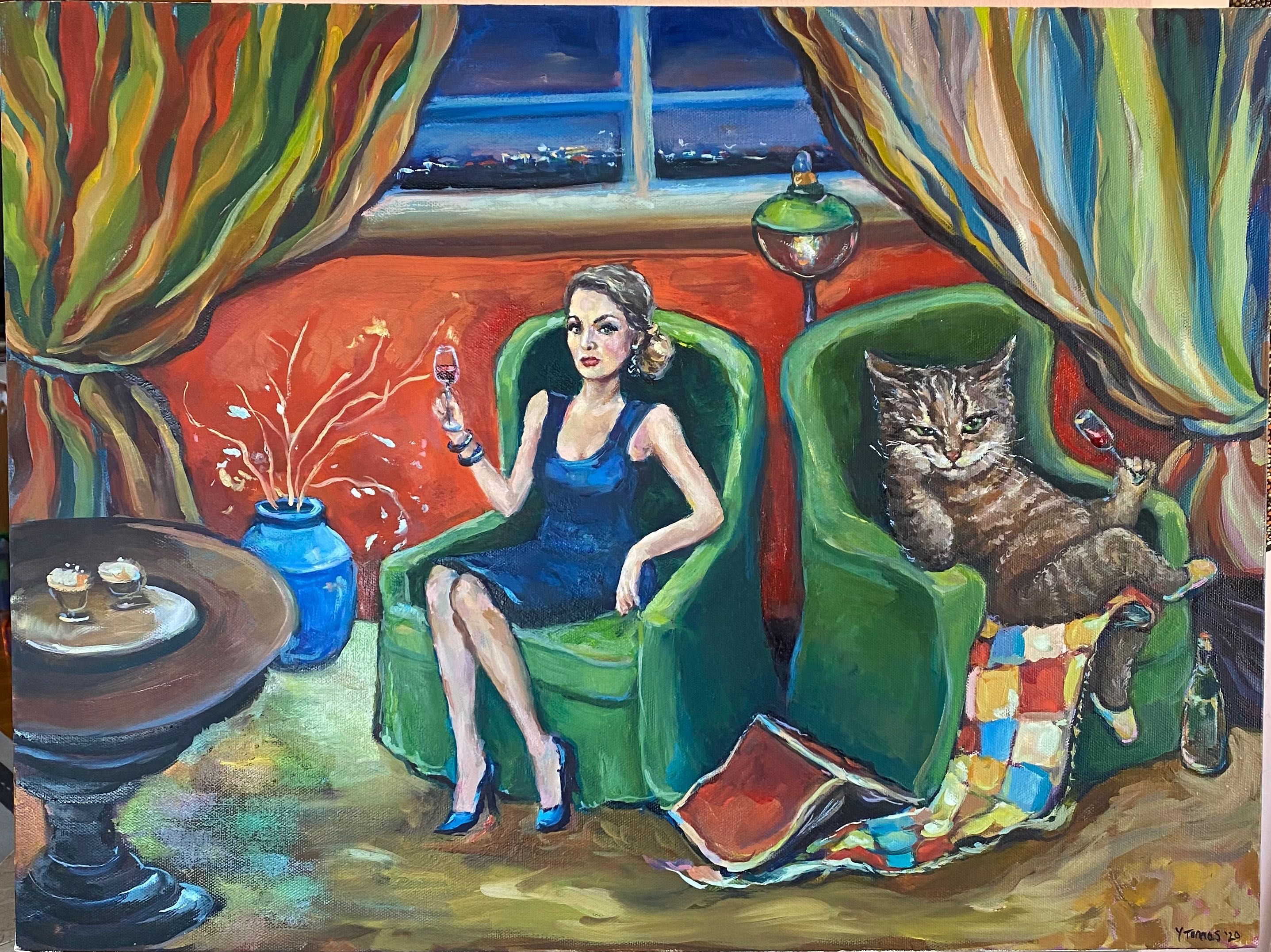 Картина авторска маслени бои Жена и Котка