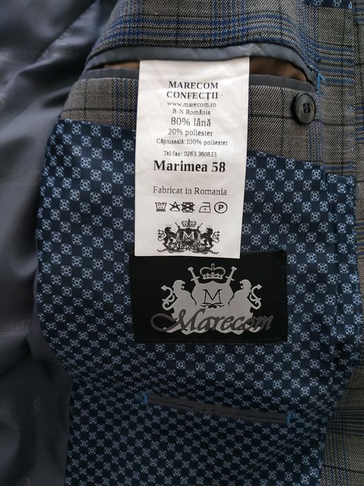 Sacou bărbați Marecom, Nr 58, gri cu dungi albastre și negru, 80% lana