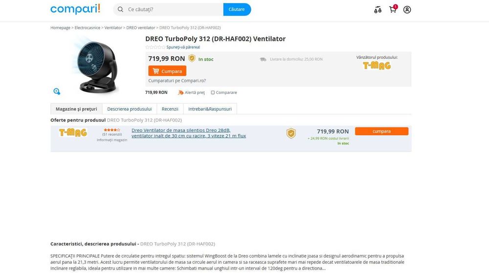 Dreo Ventilator de masa silentios Dreo 28dB