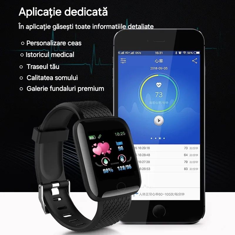 Ceas Smart Apel/Mesaj. Puls/Tensiune. Sport: Distanțe/Calorii. Foto.