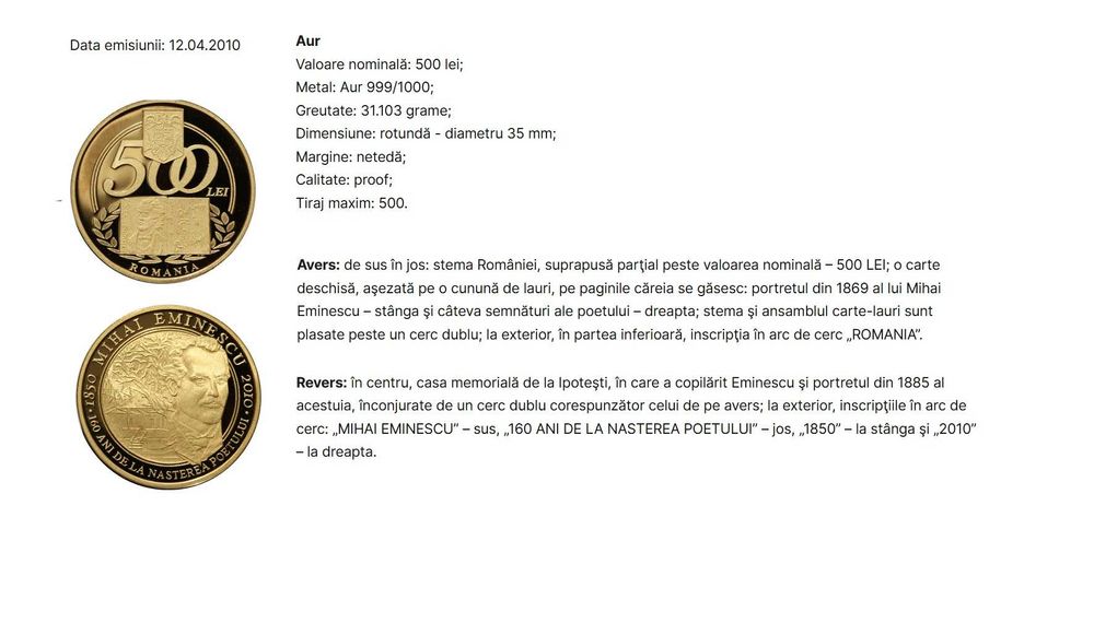 Moneda numismatica BNR - 160 de ani de la nasterea lui Mihai Eminescu