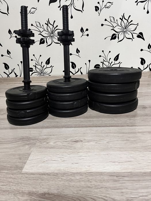 Vând set complet de gantere – 2 bare + 12 discuri!