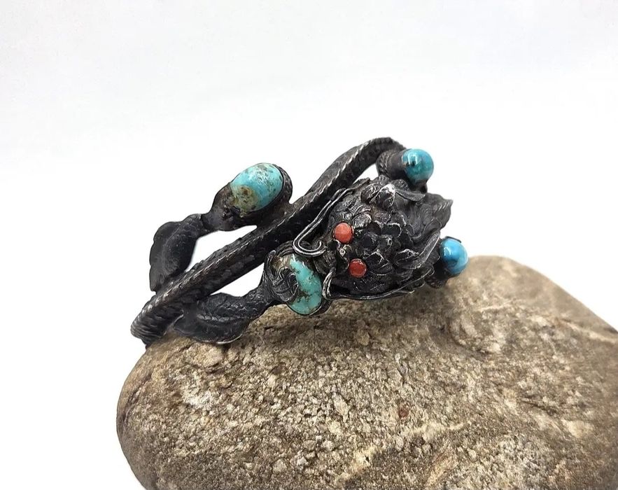 Veche bratara imperiala China - argint masiv si turcoaz natural  - din