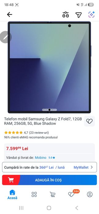 Vând Samsung Galaxy Z Fold7, 12GB RAM, 256GB, 5G, Blue Shadow Sigilat