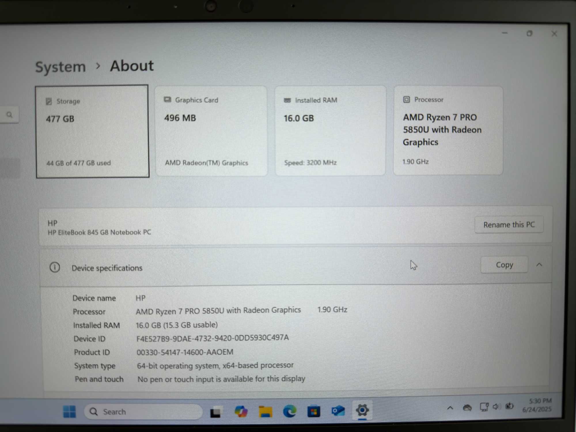 Продавам лаптоп HP EliteBook 845 G8 AMD Ryzen 7 / 16GB RAM / 512GB SSD