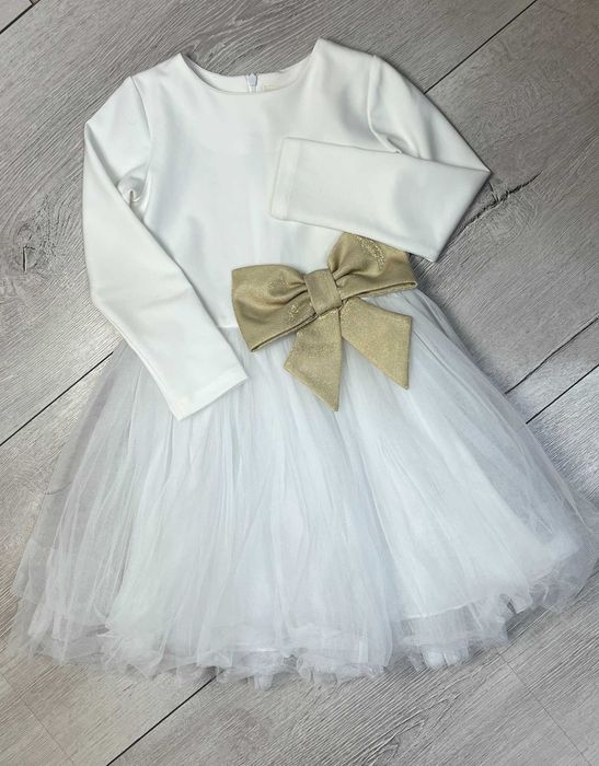 Официална детска рокля с тюл и златна пандела, бяла - размер 116 см