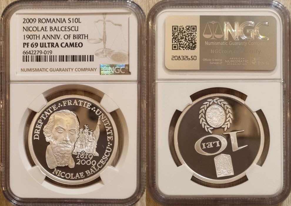 Moneda BNR 10 lei argint Nicolae Balcescu gradata NGC PF 69 UC