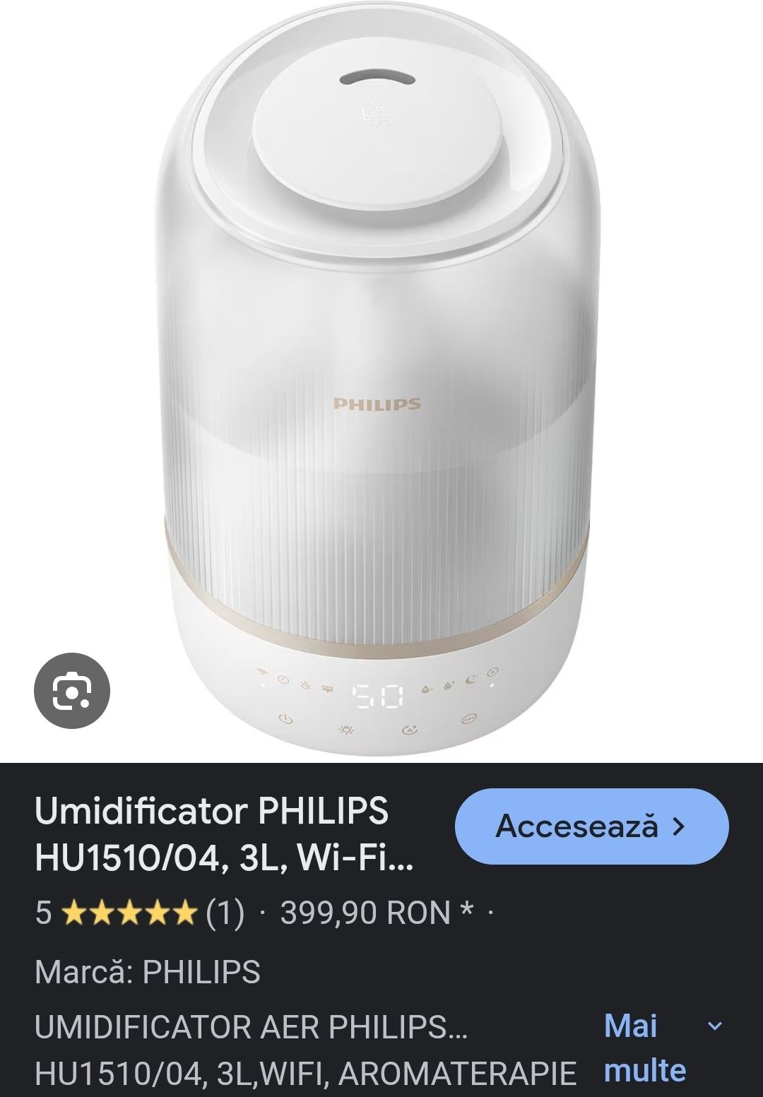 Umidificator PHILIPS HU1510/04, 3L, Wi-Fi, Mod nocturn, alb
