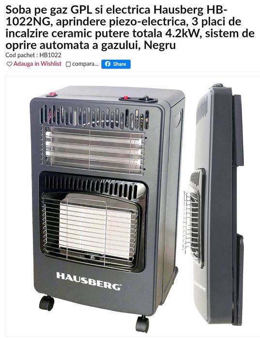 Sobă cu gaz - electric Hausberg HB 1022 NG NOUĂ - 360 Lei