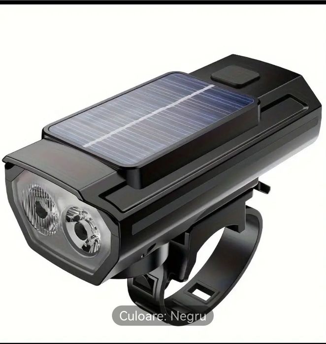 Far bicicleta cu incarcare solara & USB are și claxon
