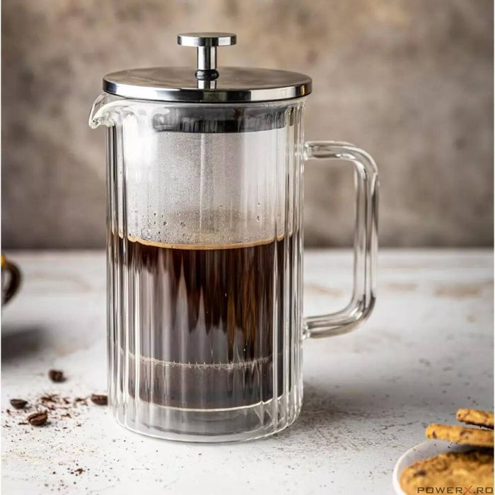 Infuzor cafea, ceai cu piston si capac argintiu, sticla, 1 L,