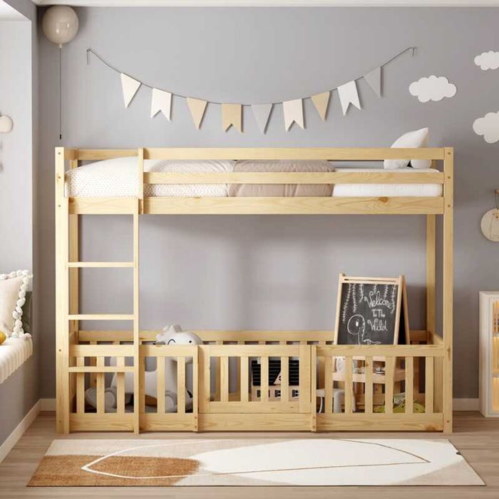 Детско двуетажно легло, PLAYKID, Бял или Натурален, Чам, 190х90см.