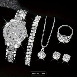 Дамски Луксозен кварцов часовник с кристали и комплект бижута.