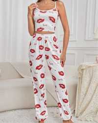 Pijamale dama rosu cu alb
