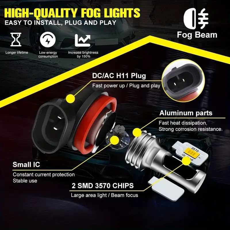 2 БРОЯ Жълти Диодни крушки H11 H8 100W 12V +100% повече светлина