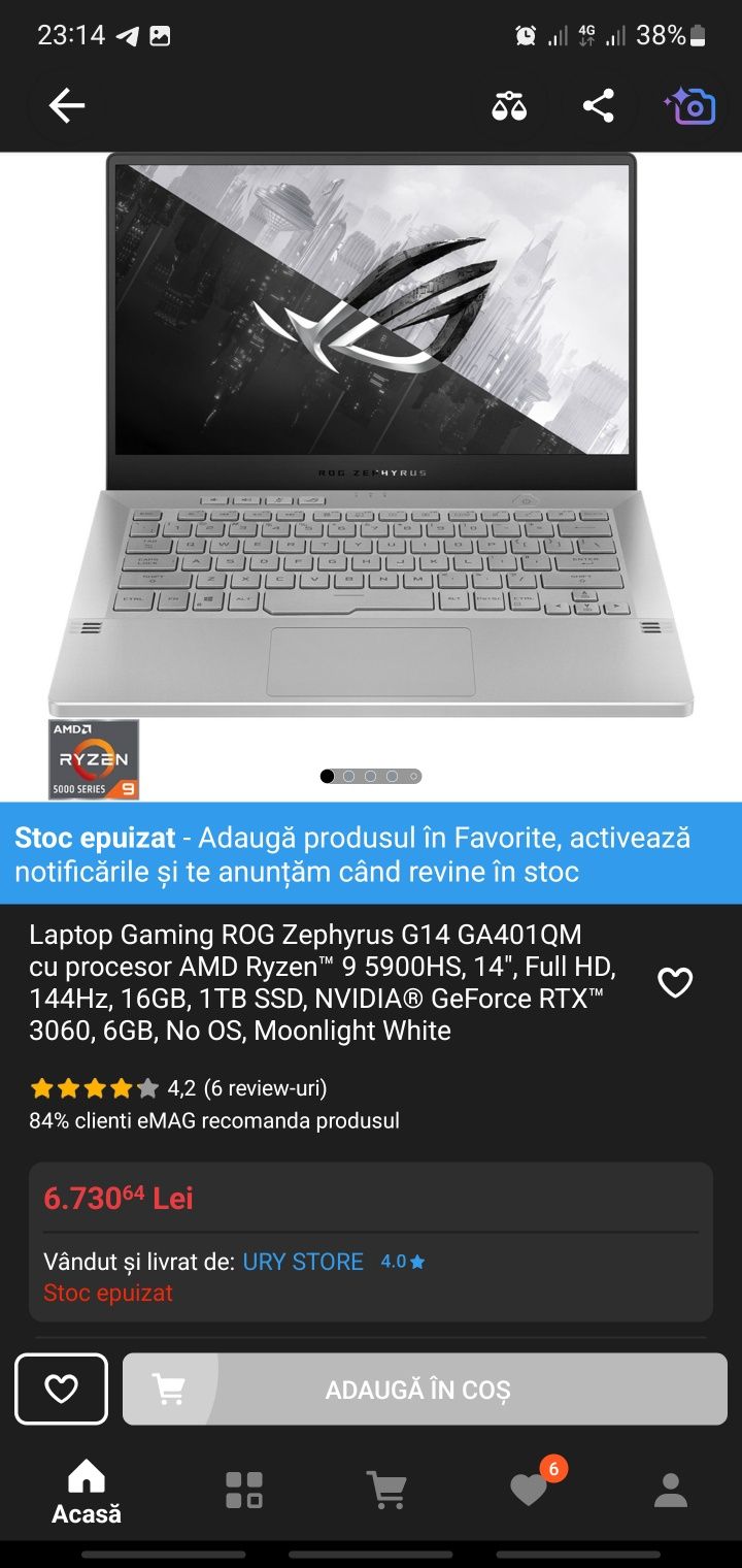 Laptop Asus Zephyrus G14, RTX3060, 5900HS, 16GB, 1TB, 144Hz