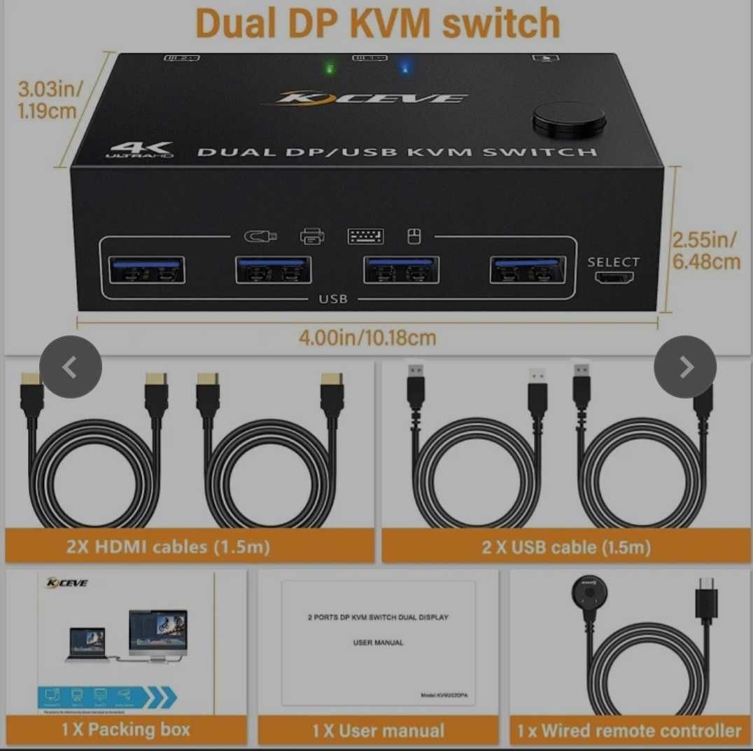 2-портов двумониторен 4KDisplayPort 1.4 144 Hz USB3.0KVM превключвател