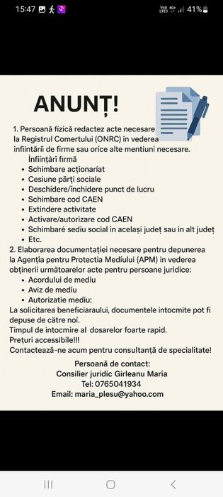Consultanta servicii financiare și juridice-Infintare firma SRL,PFA