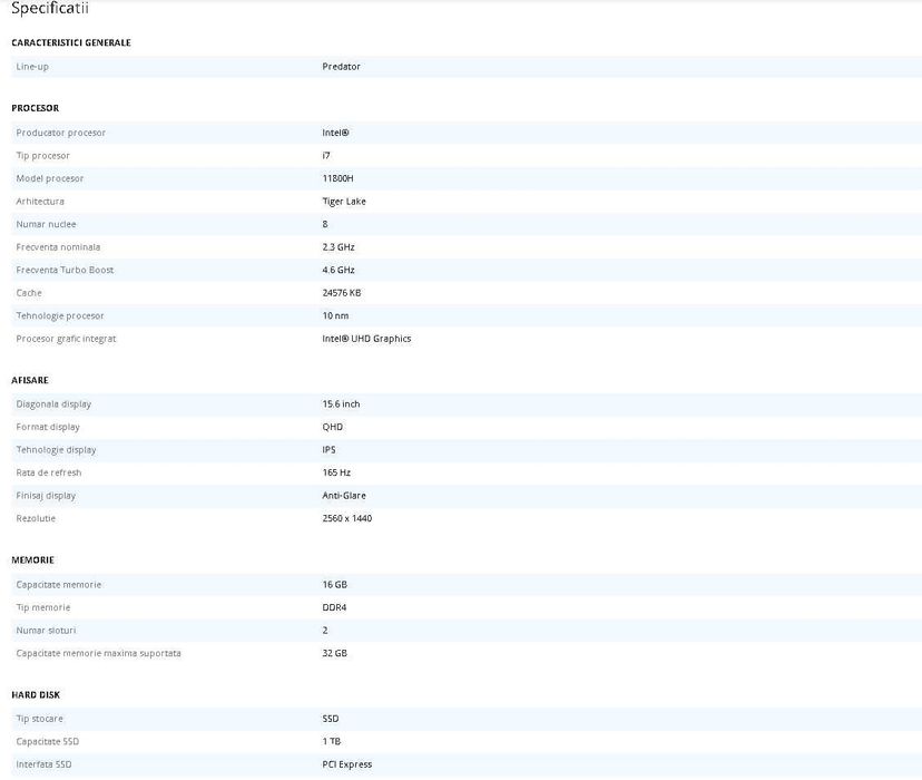 Laptop Gaming Acer Predator Helios 300 i7-11800H, 15.6" 16GB, 1TB SSD