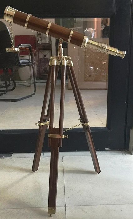 Superb telescop antic din alama masiva și trepied din lemn ,piesă cole