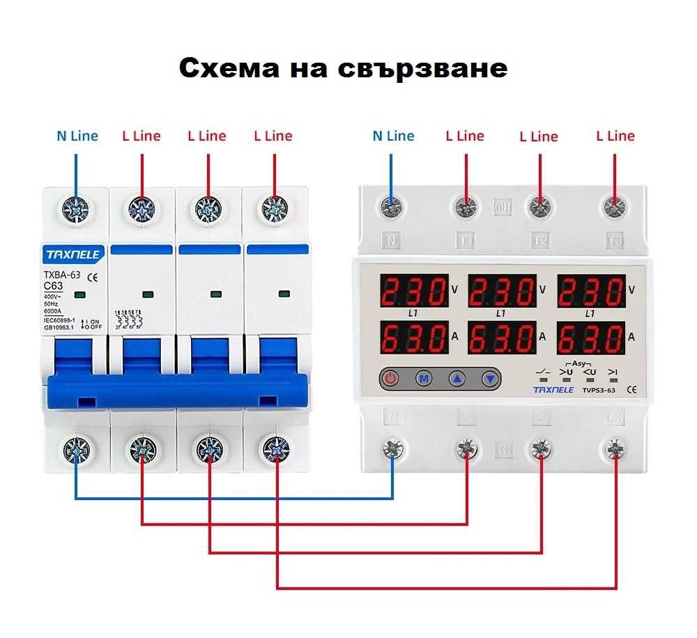 Трифазно реле за защита по напрежение и ток до 63А, DIN шина, TVPS3-63