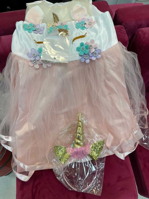 Costum rochie Unicorn multicolor cu cordeluta pentru fete, 120 cm