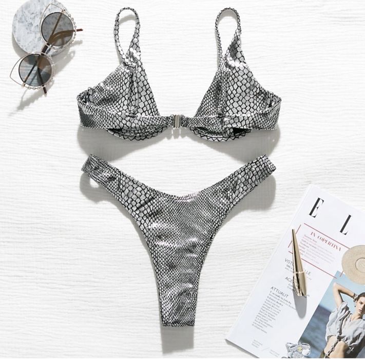 Costum de baie C114 (Daira-Shop.ro) Argintiu Negru Push Up Talie Inalt