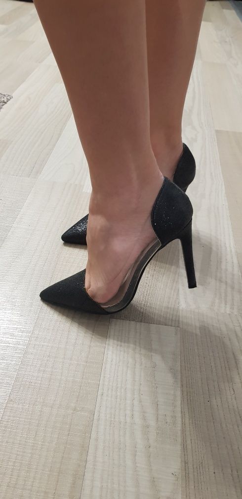 Pantofi dama cu toc, negri cu sclipici, toc 10 cm, mar. 37