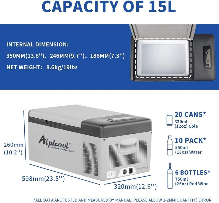 Frigider portabil Alpicool C15–15L, Congelator și răcitor auto 12V/24V