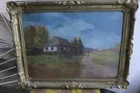 Peisaj de tara cu casa Ulei pe Carton 70/50cm Semnat Rama lemn Sticla