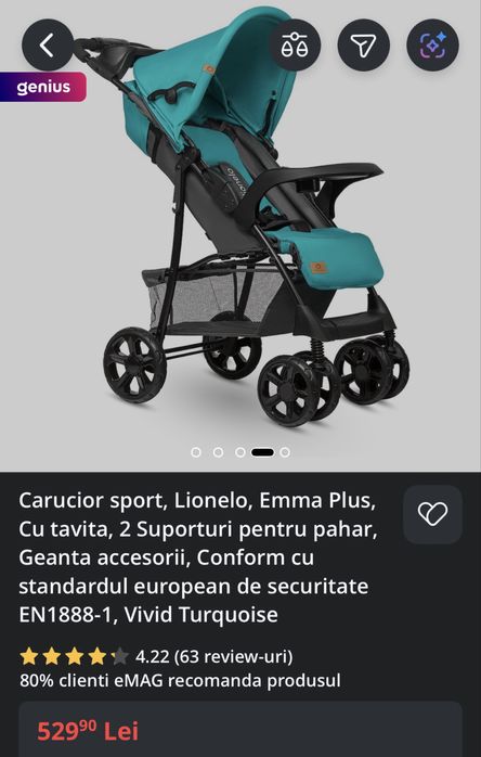 Carucior sport copii Lionelo Emma Plus turcoaz