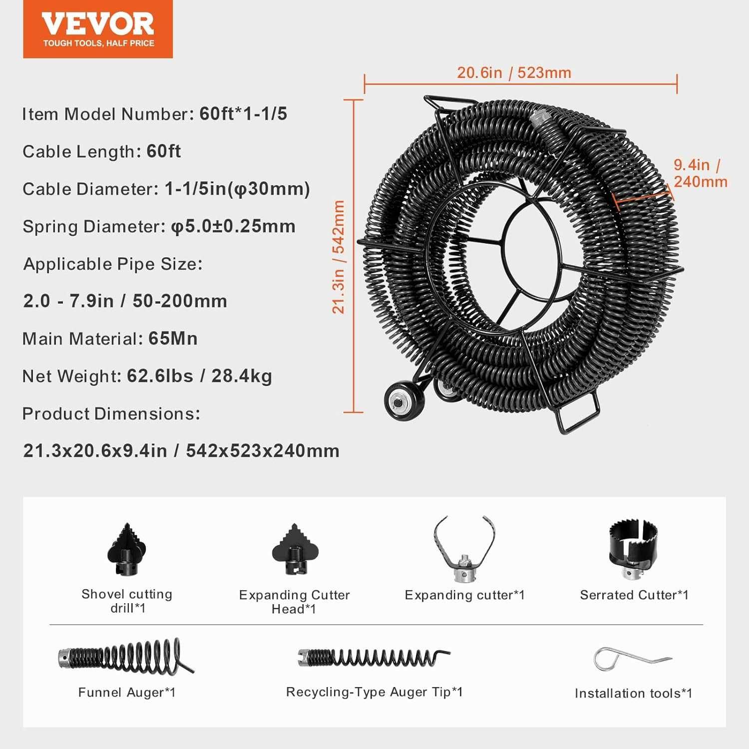 Cablu profesional de curățare a scurgerii VEVOR  18m x30 mm