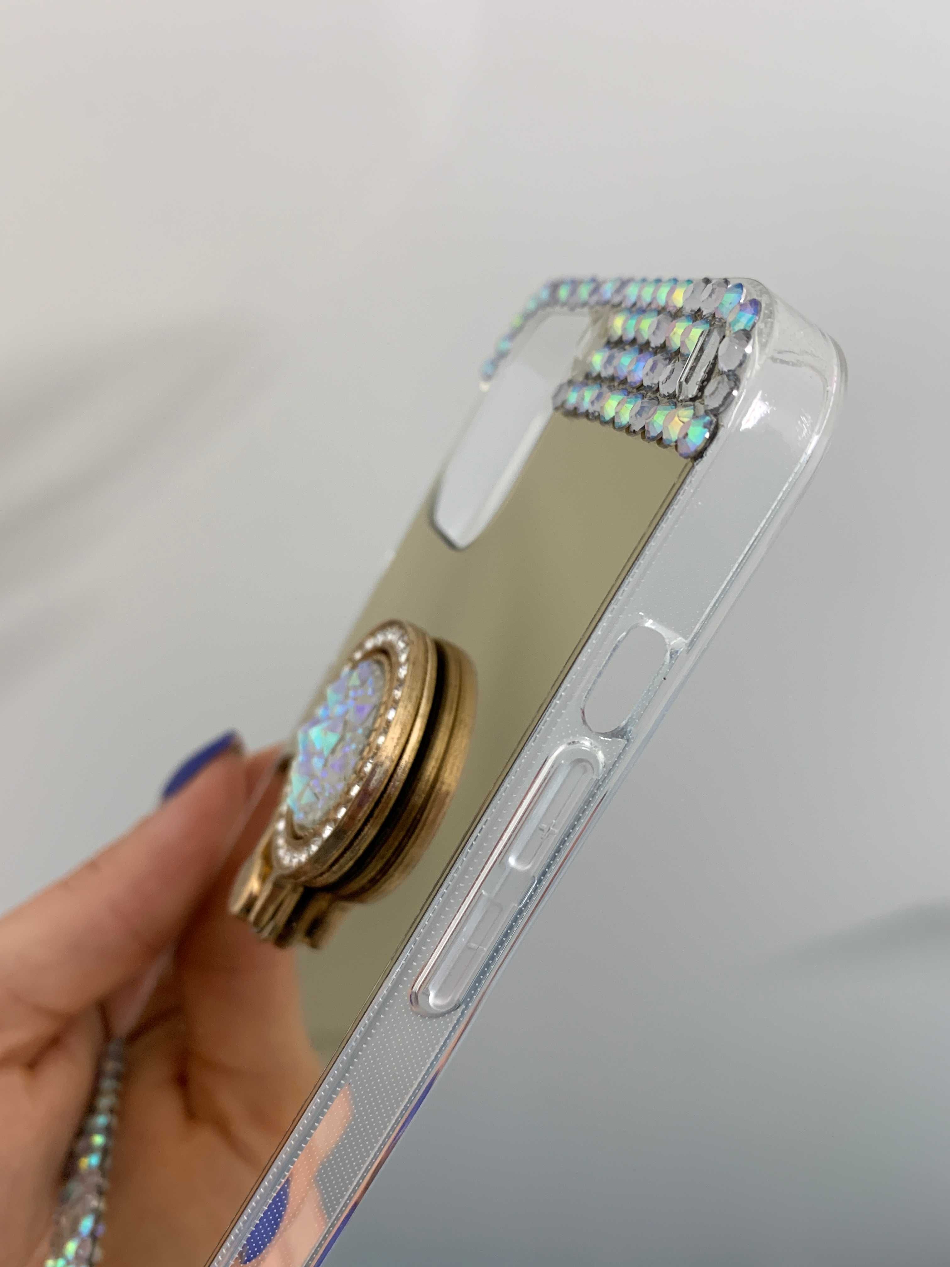 Husa tip  oglinda cu pietricele si inel pentru iPhone 14 / 14 Plus