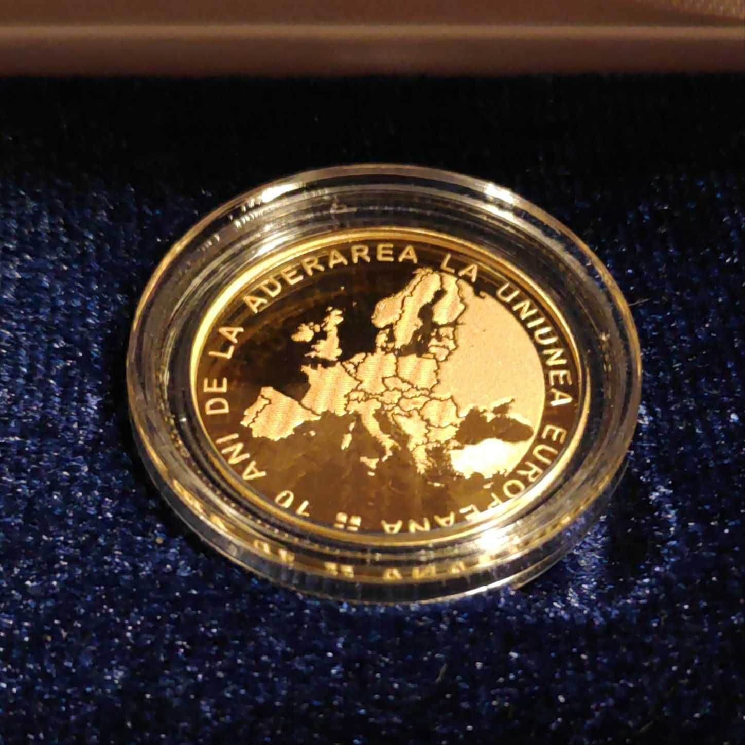 Moneda 100 lei 2017 aur BNR 10 de ani Aderarea la UE tiraj 150 RARĂ