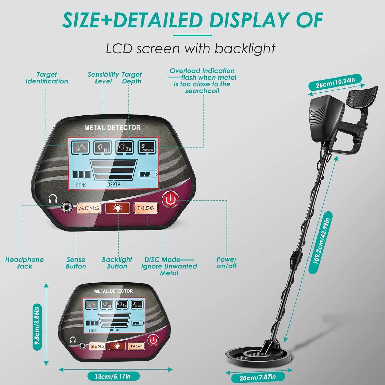 Detectoar de metale adâncime de detectare 34 cm