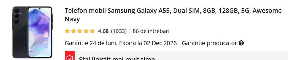 Vând Samsung Galaxy A55, Dual SIM, 8GB, 128GB, 5G, Awesome Navy