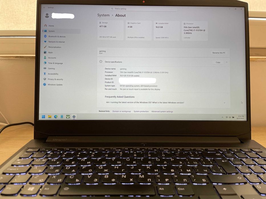 Lenovo IdeaPad Gaming 3, RTX 3050Ti, Core i7, 16GB, 512GB, 120hz 15.6"