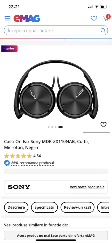 Casti On Ear Sony MDR-ZX110NAB, Cu fir, Microfon, Negru