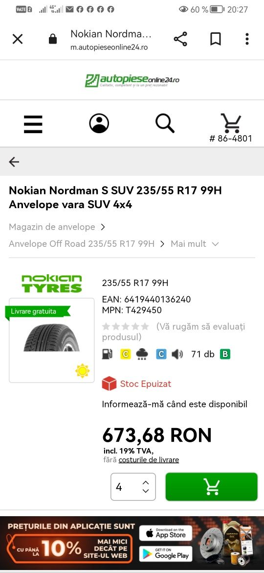 4 Anvelope de Vară Premium Nokian 235 55 R17   DOT 2121  100Ron/bucata