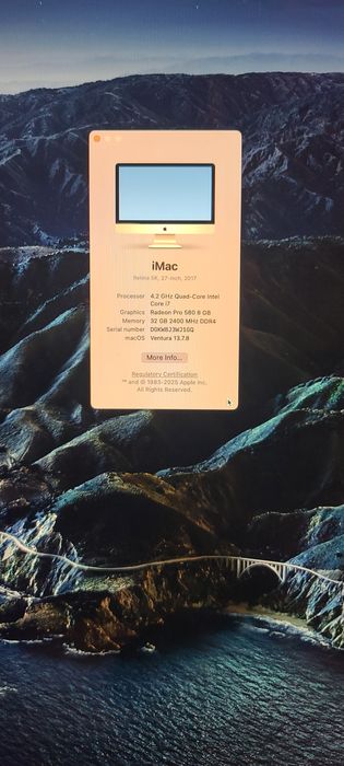 iMac 27 inch, 5k,32 GB, 2400 mhz DDR4, i7, 4.2 ghz, Radeon pro 580 8 G