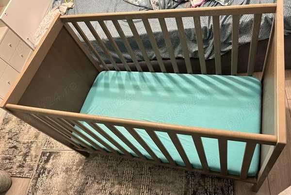 Pătuţ, lemn masiv de fag, gri, 60x120 cm, SUNDVIK