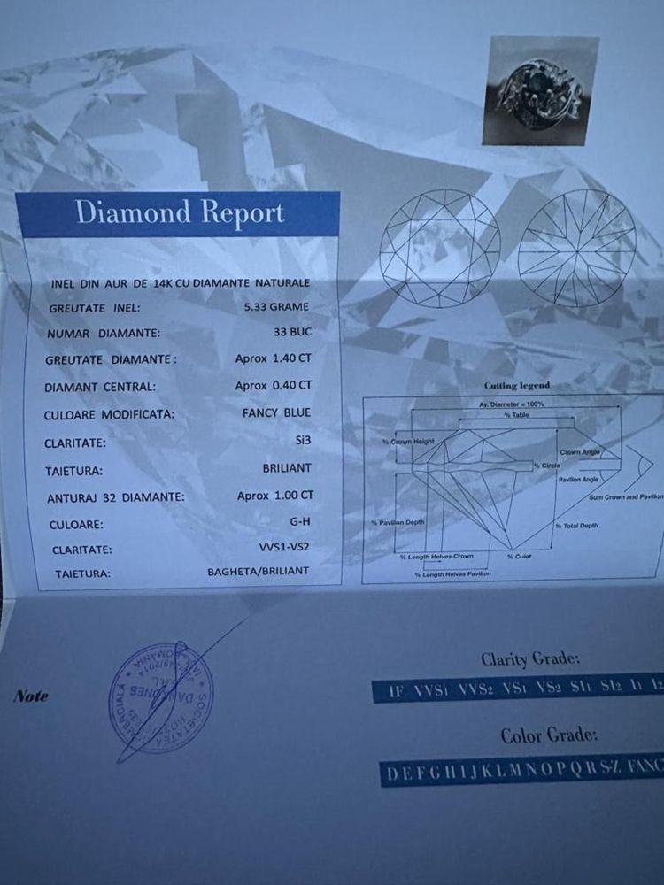 Inel Aur Alb 14K, Diamante, bagete si central fancy blue Certificat