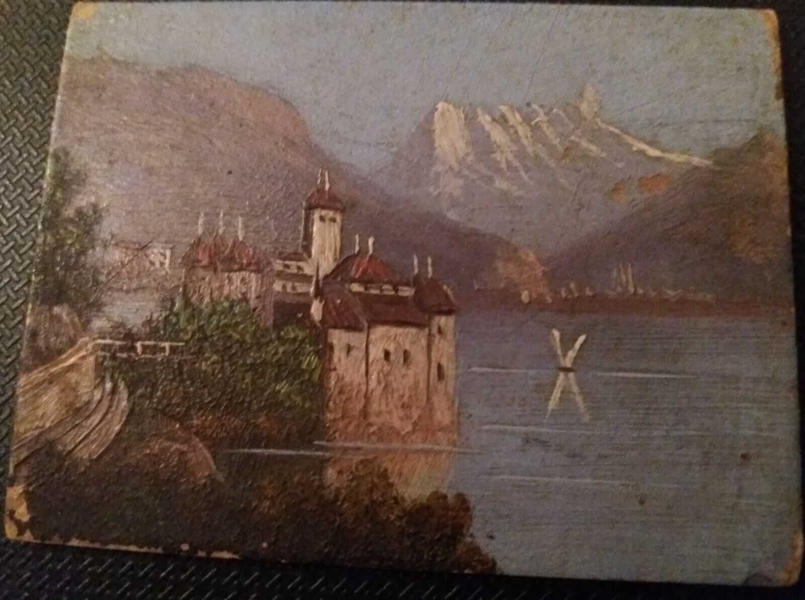 Pictură în miniatură, Château de Chillon, ulei pe carton din anul 1900