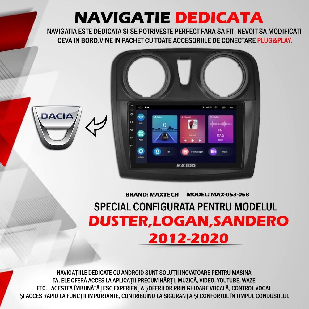 Navigatie Logan Duster Sandero 2012-2020 dedicata Android 2 GB Ram GPS