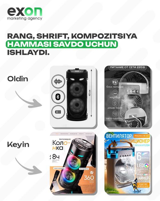 Marketpleyslar uchun kartochka dizayni,kreativ infografik tayyorlanadi