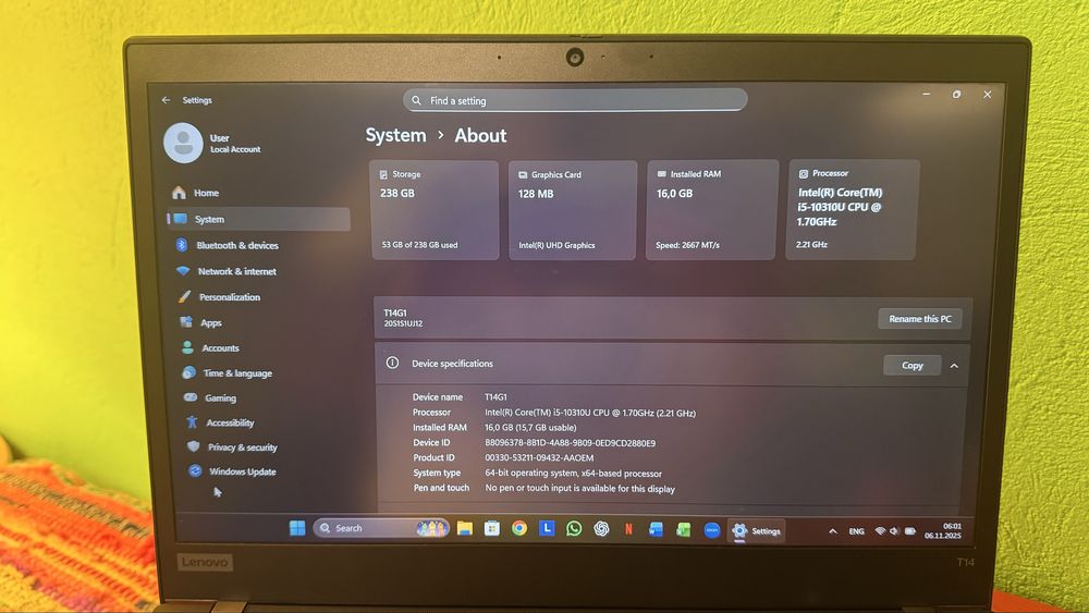 Lenovo Thinkpad T14 Gen 1, core I5-10310U, 16 GB RAM, 256 SSD NVME