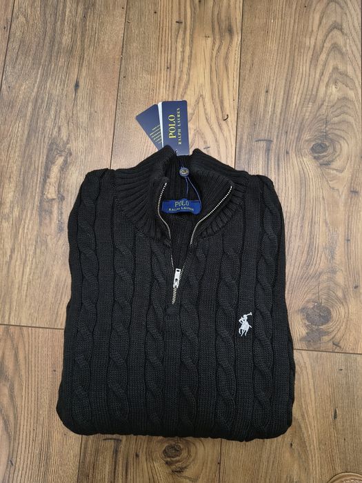 Pulover clasic, cable knit, RL, negru, half zipper