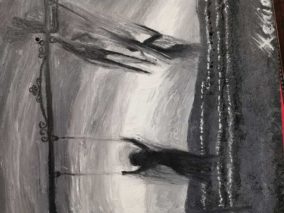 Tablou original ulei pe lemn, alb-negru, Fantome în parc