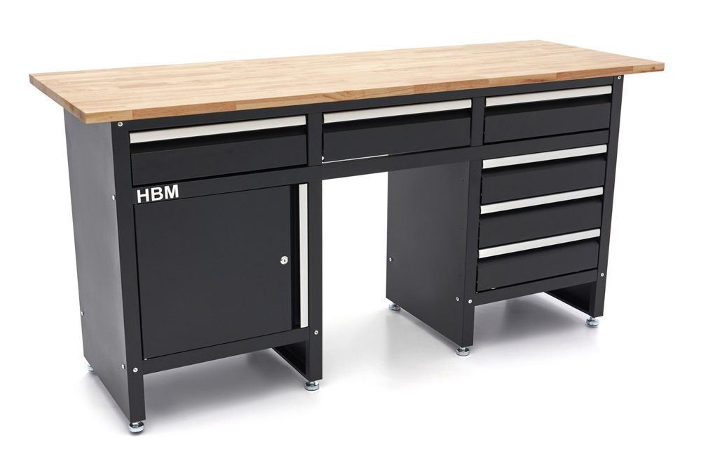 Banc de lucru negru cu 6 sertare, 1 usa si blat din lemn masiv - 171 c