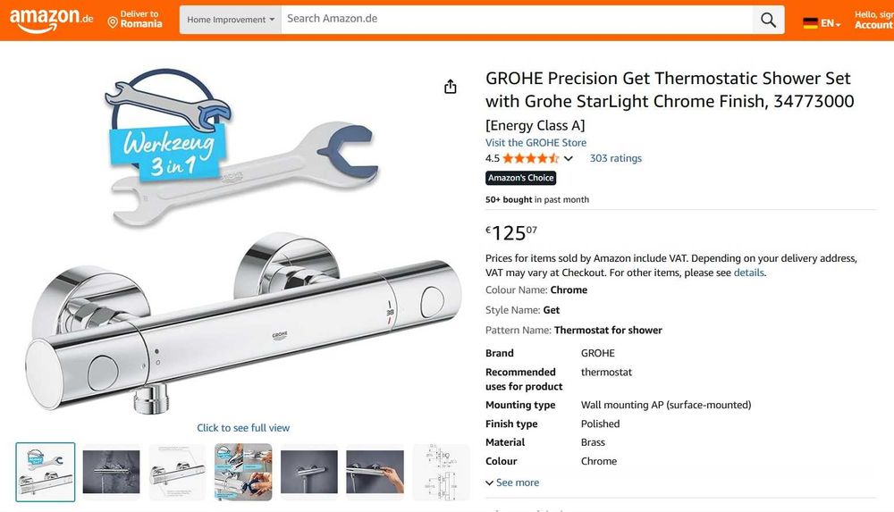 Baterie dus Grohe Precision Get 34773000, 1/2'', aparenta, termostat